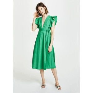 Valencia & Vine Molly Poplin Wrap Dress Small Green Plunge V-Neck Flutter Sleeve